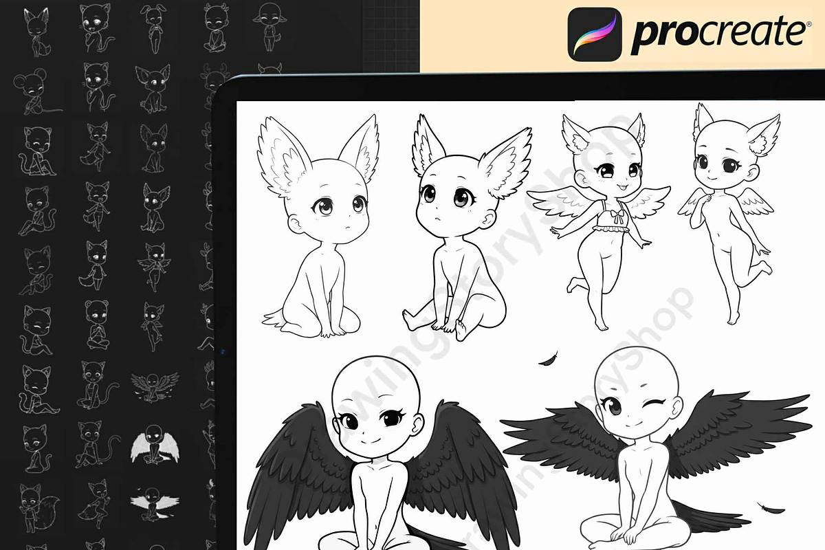 100Procreate Chibi Girl Animal Stamp, a Brush Add-On by DrawingStoryShop