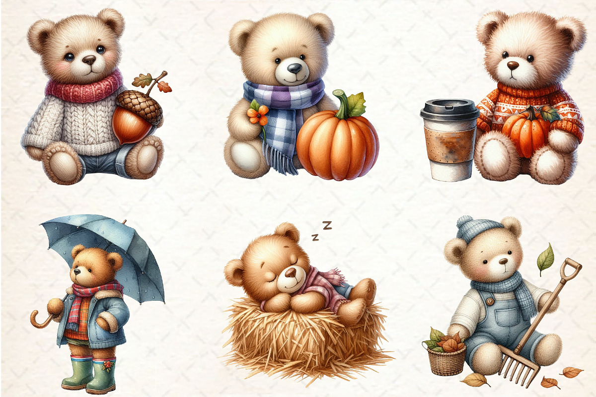 Watercolor Autumn Teddy Bear Clipart, an Illustration by Rose Art (Photo 4 of 5)