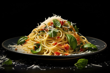 A delicious plate of pasta topped wi, a Photo by Iftikhar Alam