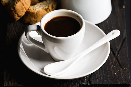 Italian coffee set for breakfast containing coffee, espresso, and creamer, a Food & Drink Photo by Foxys