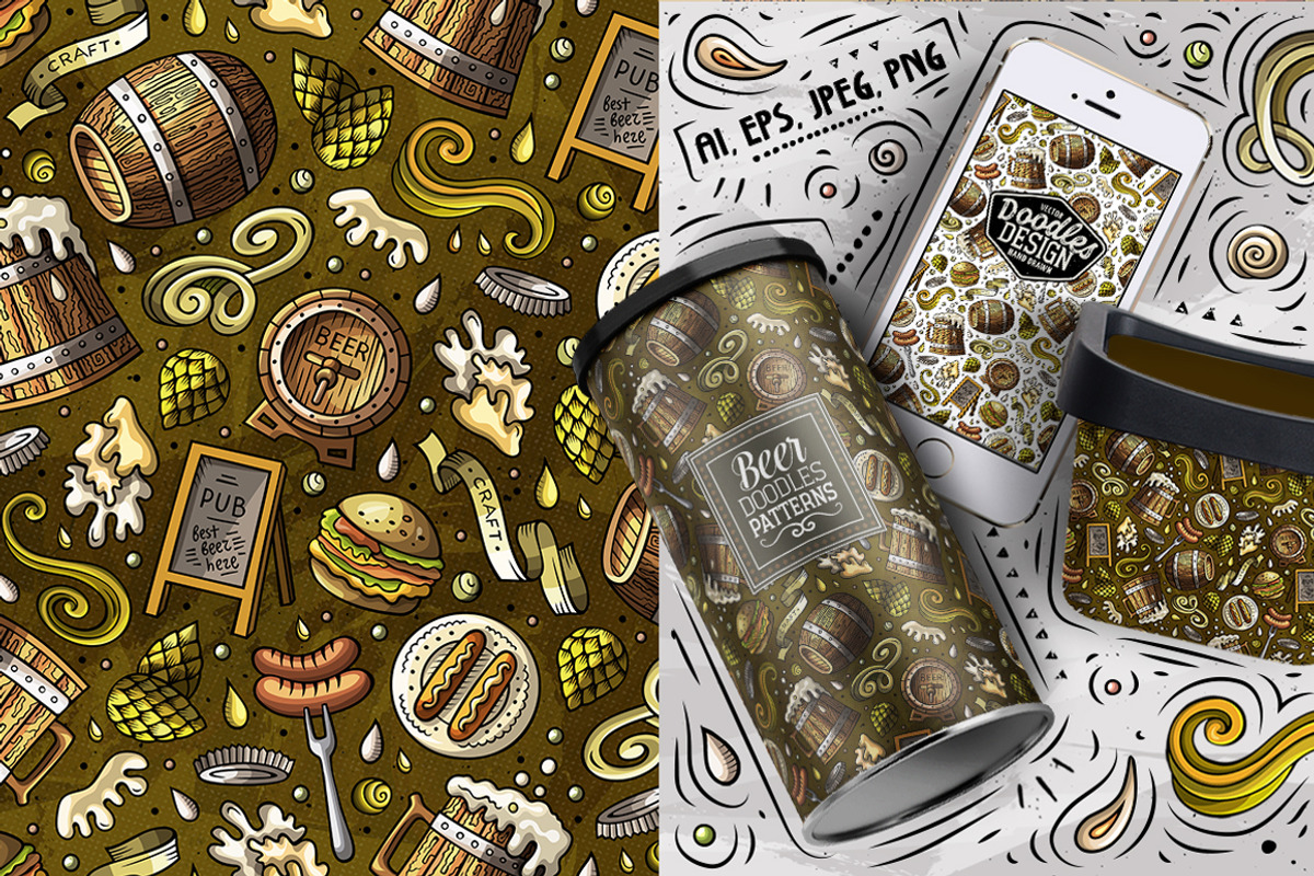 7 Beer Doodle Seamless Patterns Set, a Pattern Graphic by BALABOLKA (Photo 6 of 8)