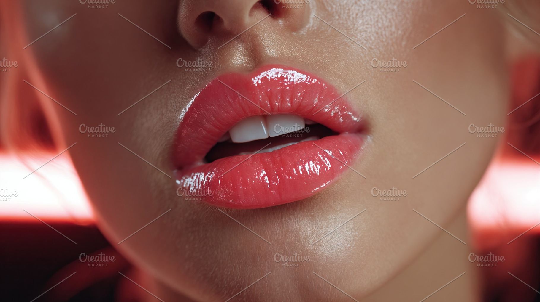 Close-up of influencer woman showcasing glossy lip makeup in vibrant setting, a Person Photo by OSORIOartist