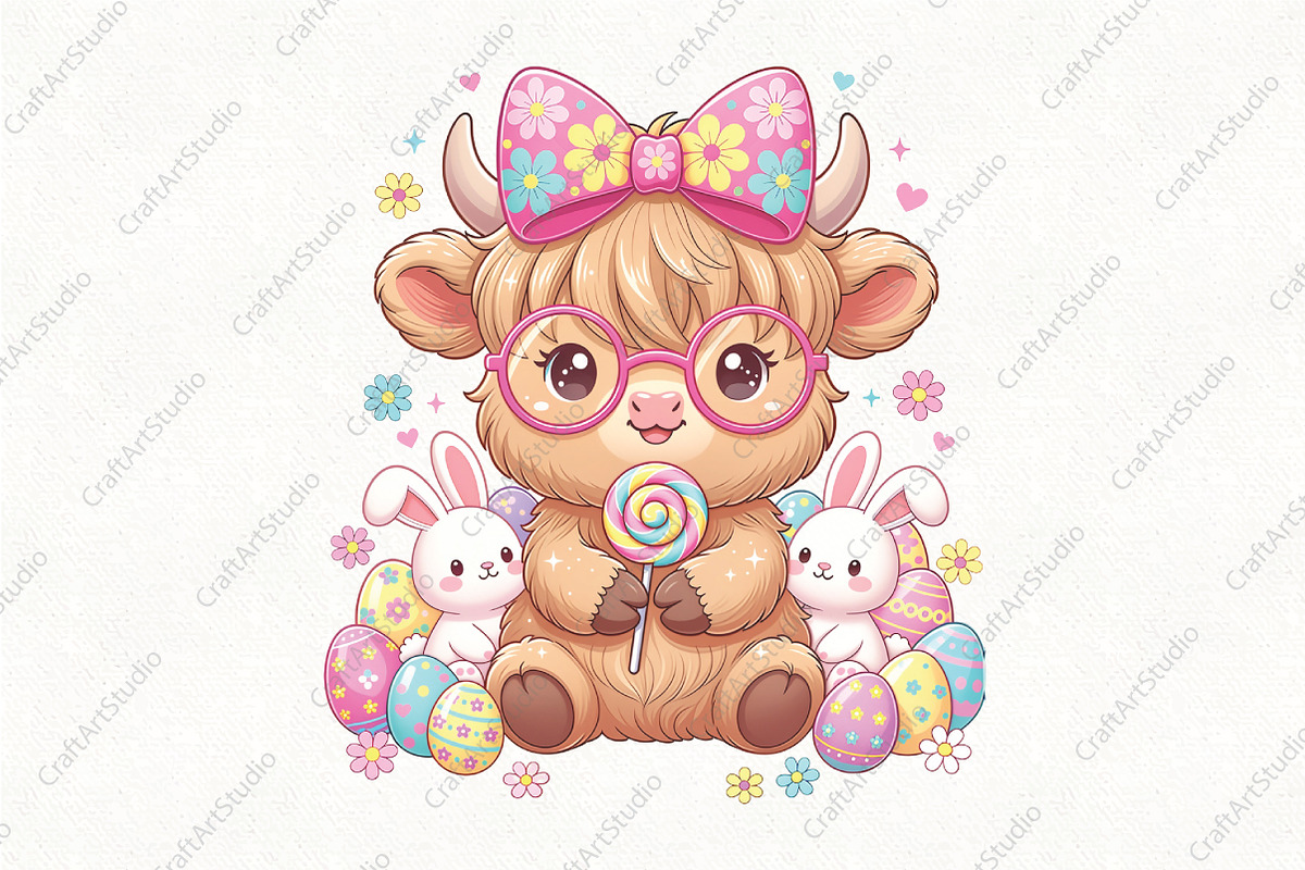 Easter Day Highland Cow PNG, Easter, an Illustration by CraftArtStudio (Photo 1 of 4)
