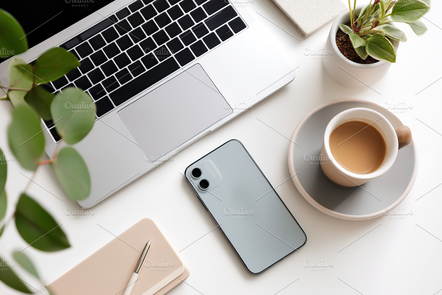 Stylish workspace with laptop, smartphone, coffee cup, and plant on clean desk, a Business Photo by AlyaAnd