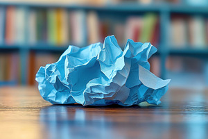 Crumpled blue paper on wooden desk i, a Photo by Tanuart