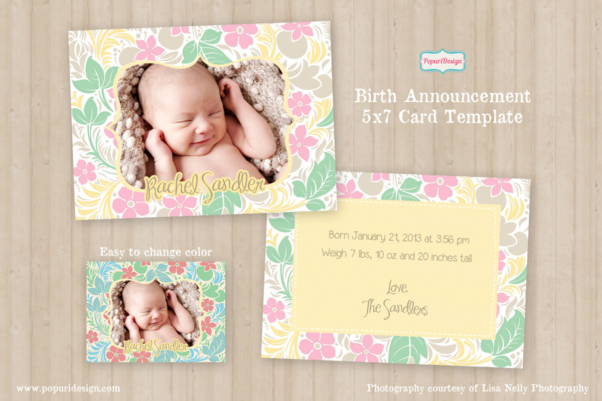 5x7 Birth Announcement Card, a Card Template by designsontheside