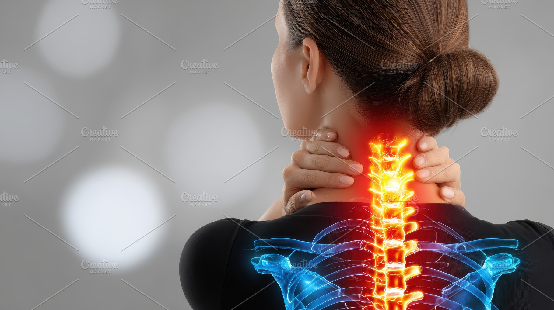 Woman with neck pain spinal pain hig, a Photo by Pixeness Studio