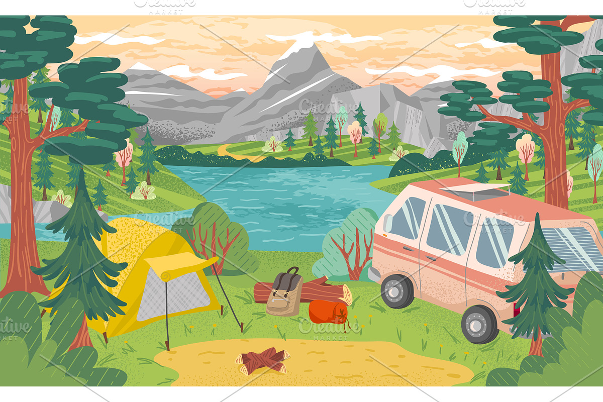 Camping site with tent, bonfire and, a Sport Illustration by vectorpointstudio