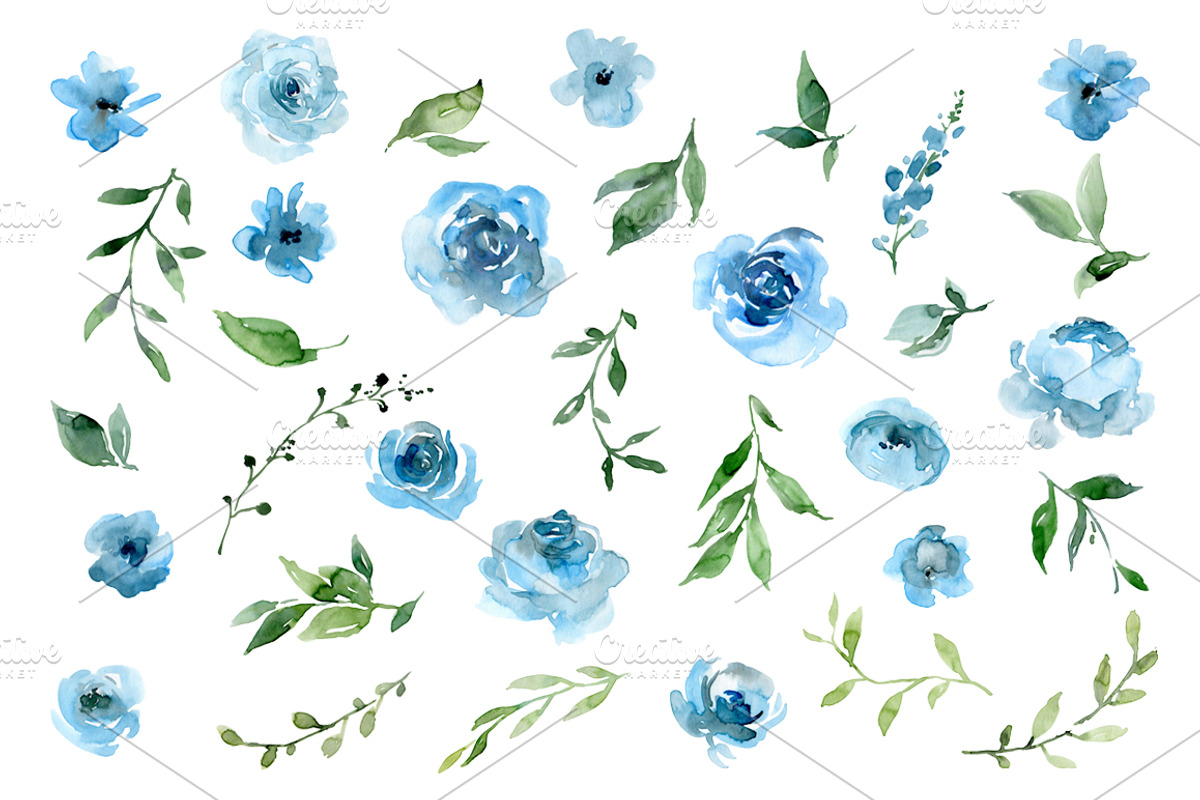 Blue Watercolor Flowers Green Leaves, an Illustration by GraphicsDish (Photo 2 of 5)