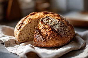Freshly baked artisan bread resting on a cloth in a cozy kitchen setting, a Food & Drink Photo by AlyaAnd