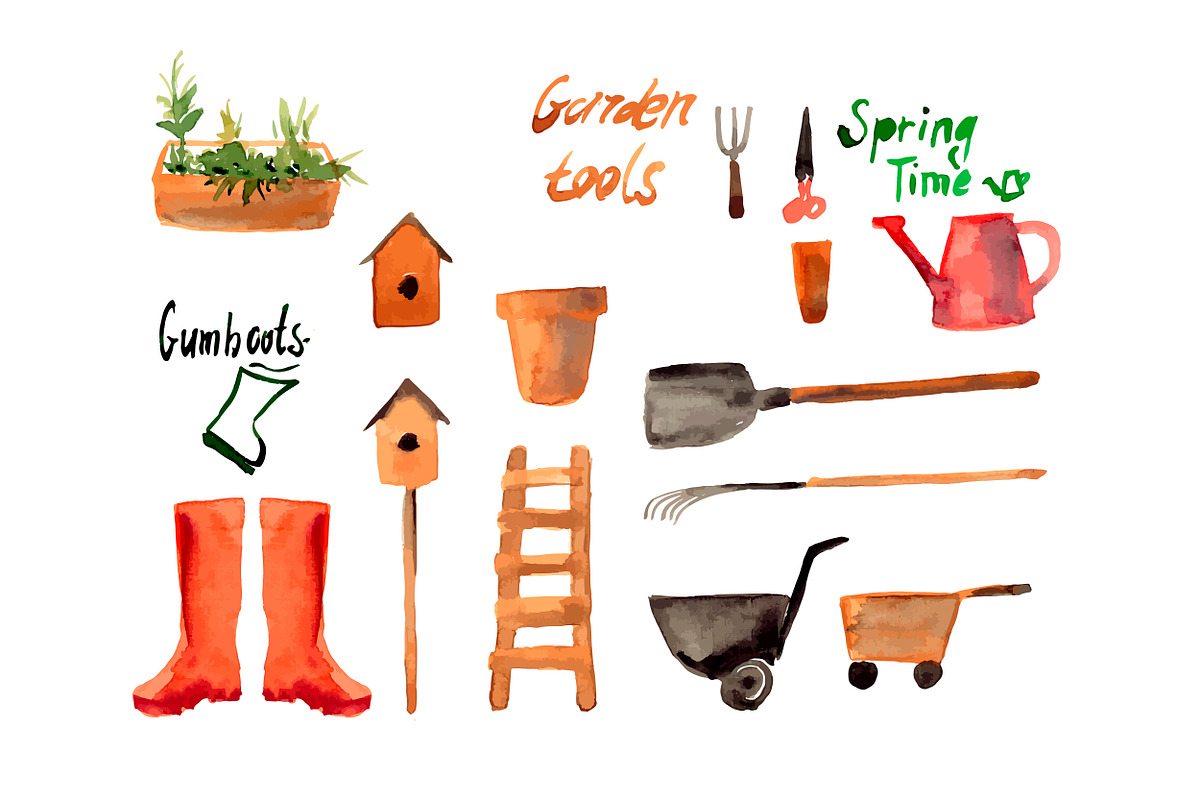 №5 Set watercolor of gardening tool, an Object Graphic by Rasveta
