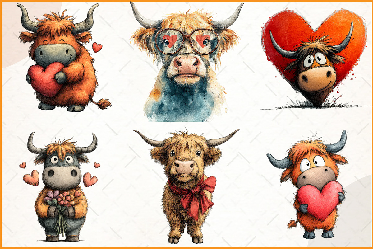 Valentine Highland Cow Clipart, an Illustration by Watercolor design (Photo 4 of 4)