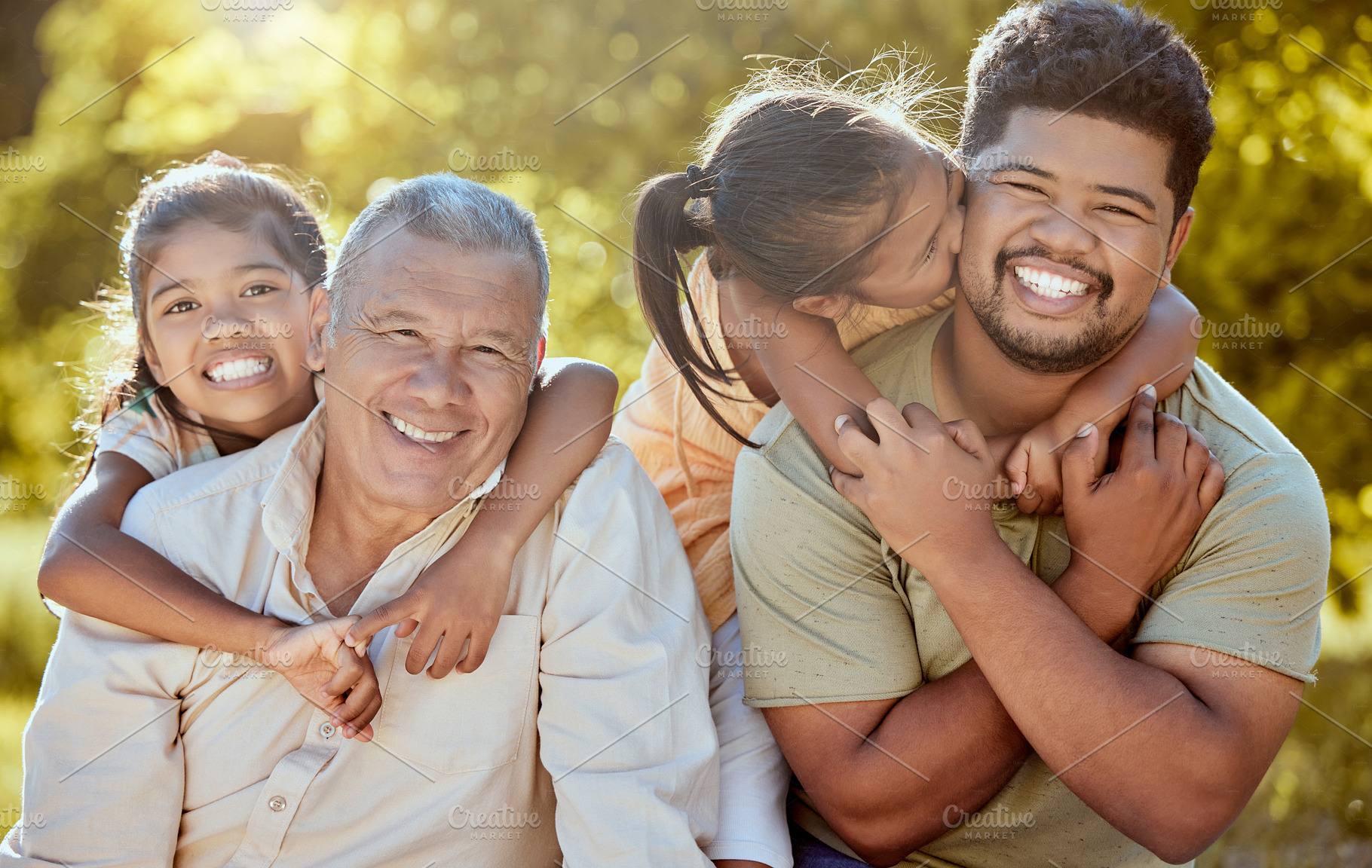Happy family, love and children smile outdoors bonding together for piggy back ride in garden. Fun grandpa, relax dad and kids play in nature park on big family travel vacation or summer holiday, a Photo by Peopleimages.com