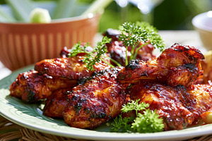Glazed chicken wings with barbecue sauce and parsley on a plate, enjoying an ou, a Photo by Studio ANNA
