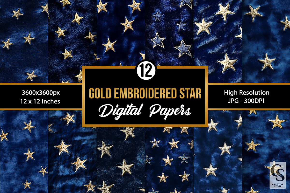 Gold Stars Embroidery on Blue Velvet, a Pattern Graphic by Creative Store (Photo 1 of 5)