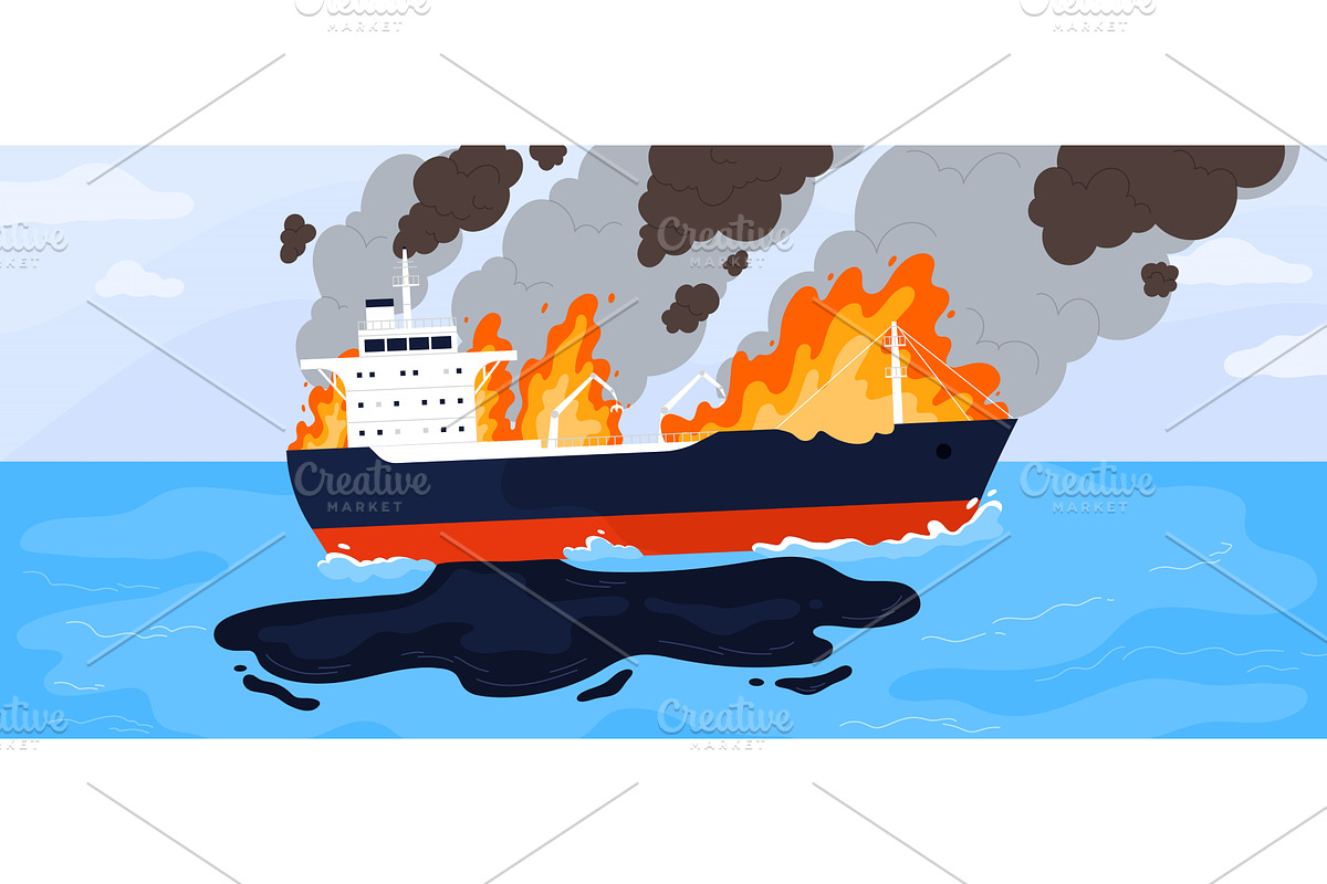 Accident on sinking oil tanker, a Transportation Illustration by Flashvector