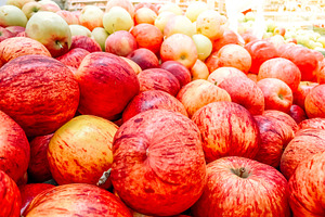 Red summer apples selling in a super containing market, supermarket, and red, a Food & Drink Photo by Dvoevnore photos