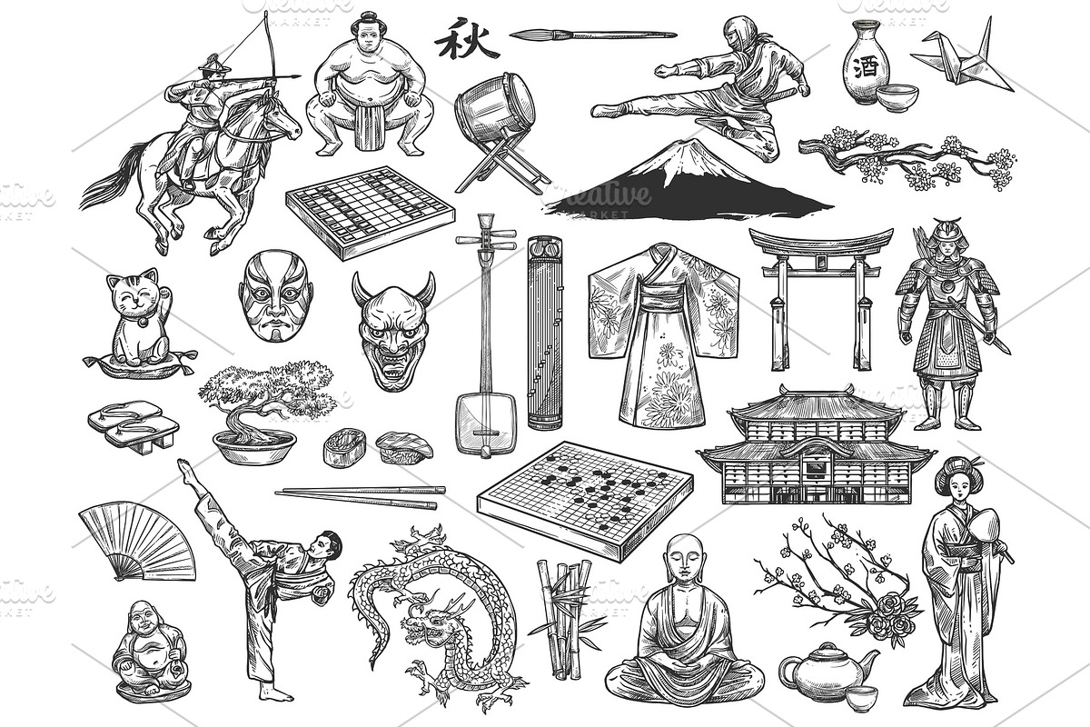 Japan culture symbols, history, an Illustration by Vector Tradition
