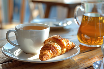 Cup of coffee and croissant on table in cafe with sunlights, a Food & Drink Photo by AlyaAnd