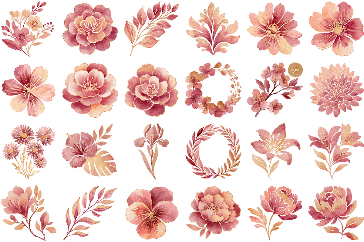 Rose Gold Leaves Flowers Foil Elemen, an Illustration by Sublimation Artist (Photo 2 of 7)