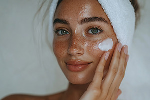 Young woman applying skincare cream to her face, a Person Photo by AlyaAnd