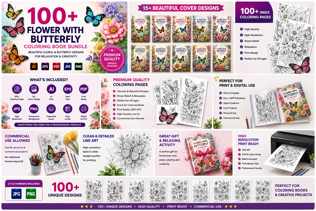 Flower with Butterfly Coloring Book, a Pattern Graphic by S Graphic Studio (Photo 1 of 3)