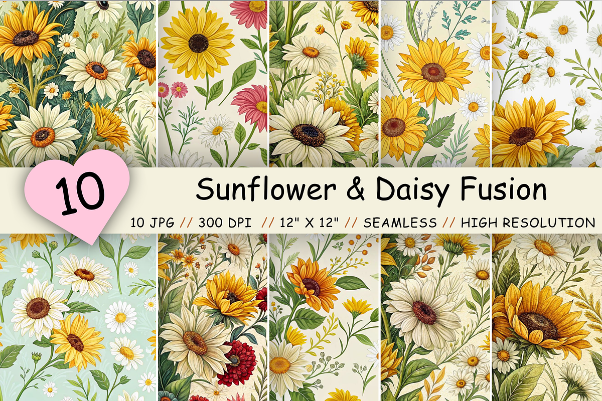 Sunflower & Daisy Fusion Pattern, a Pattern Graphic by FloridPrintables (Photo 1 of 7)