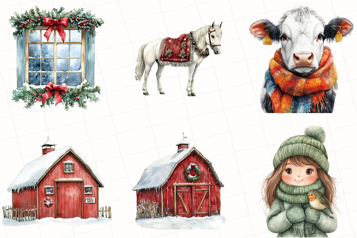 Christmas Farm Watercolor Clipart, an Illustration by OK Design (Photo 2 of 5)