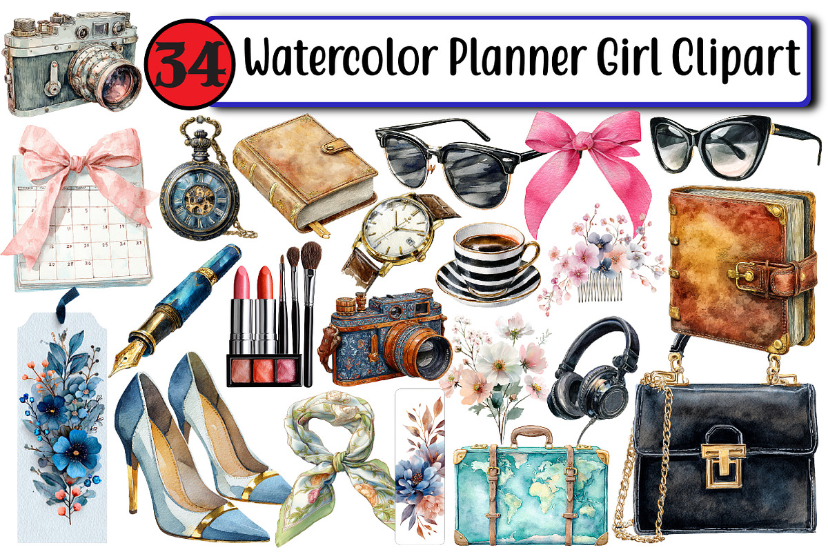 Watercolor Planner Girl Clipart, an Illustration by Design Market (Photo 1 of 3)