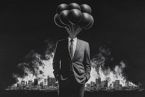 Suit man, black balloons city, a Photo by Beautiful things