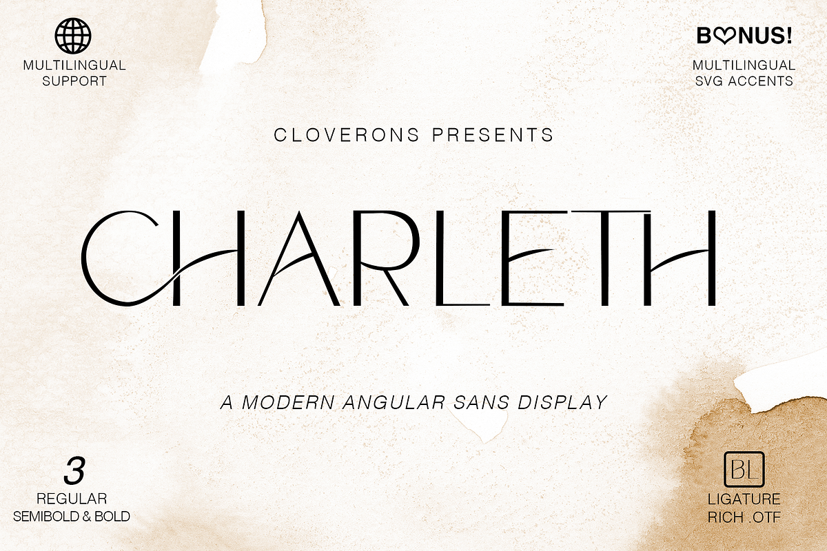 Charleth Angular Modern Sans Display, a Sans Serif Font by Cloverons (Photo 1 of 14)