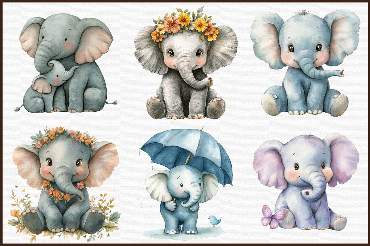 Elephant Watercolor Cliparts, an Illustration by Sublimation Artist (Photo 3 of 6)