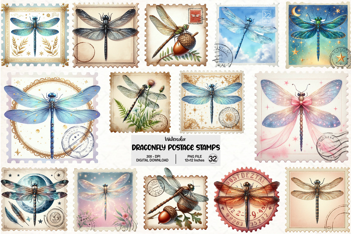 Dragonfly Postage Stamps Clipart, an Illustration by Pixels.Craft (Photo 1 of 7)