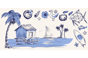 Vintage sketch beach with palm tree, an Illustration by art PVP - market