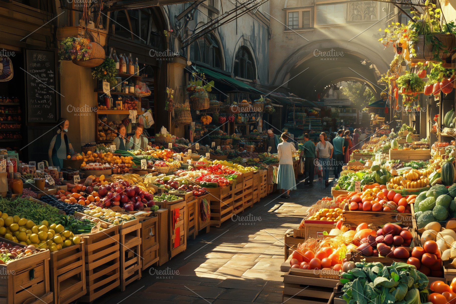 A vibrant market scene filled with colorful fruits and vegetables. Stalls are l, a Technology Photo by Textures & Backgrounds
