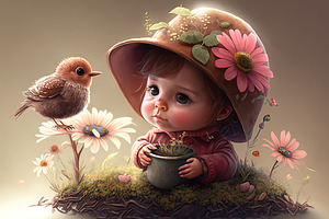 Illustration Of A Sweet And Pretty Girl Surrounded By Flowers. Spring Concept.