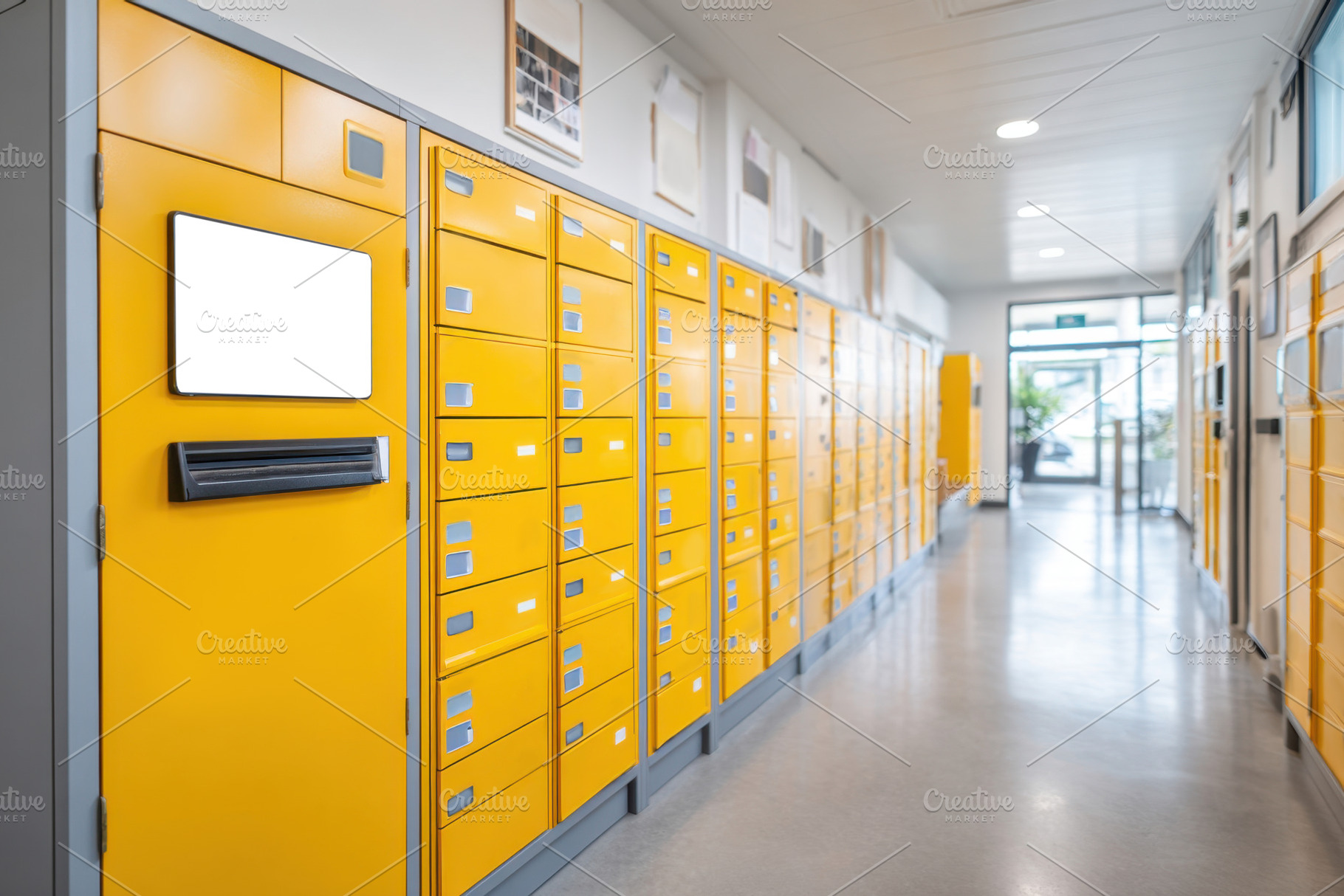 Bright yellow lockers in a modern hallway, an Architecture Photo by AlyaAnd