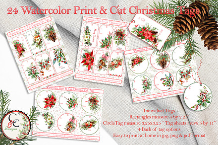 24 Watercolor Christmas Gift Tags