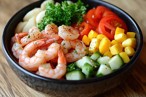Healthy poke bowl with rice, vegetables and shrimps, a Food & Drink Photo by AlyaAnd