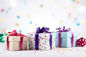 Colorful gift boxes on blurred background, a Holiday Photo by AlyaAnd