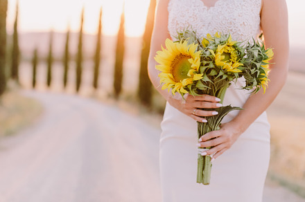 sunflowers bouquet holding by bride, a Beauty & Fashion Photo by Olyryk & Aglo