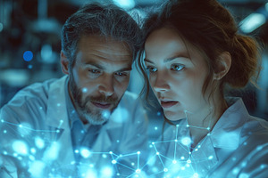 A focused male scientist and female researcher analyze glowing data in a labora, a Person Photo by ImageMir