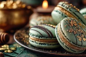 Elegant Green Macarons with Gold Shamrock Decoration on Rustic T, a Food & Drink Photo by José Manuel Gelpi