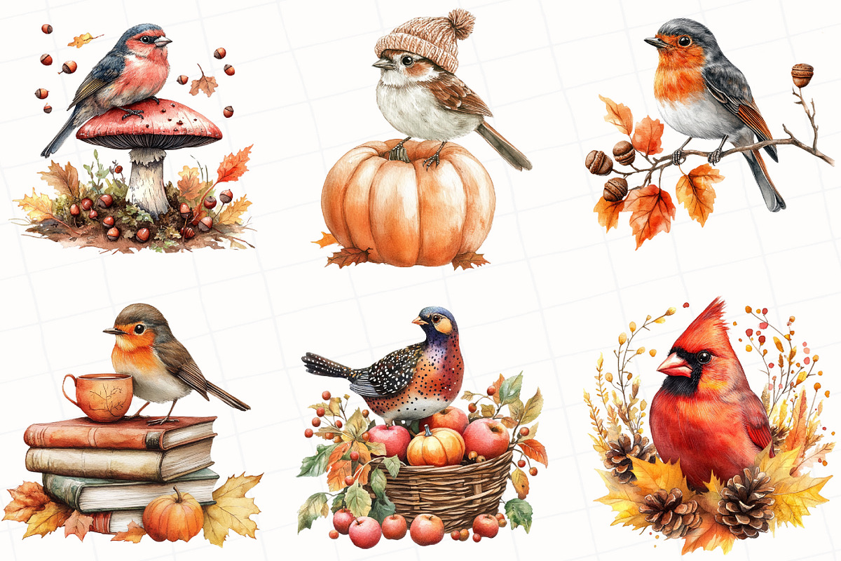 Watercolor Autumn Birds Clipart, an Illustration by OK Design (Photo 5 of 5)