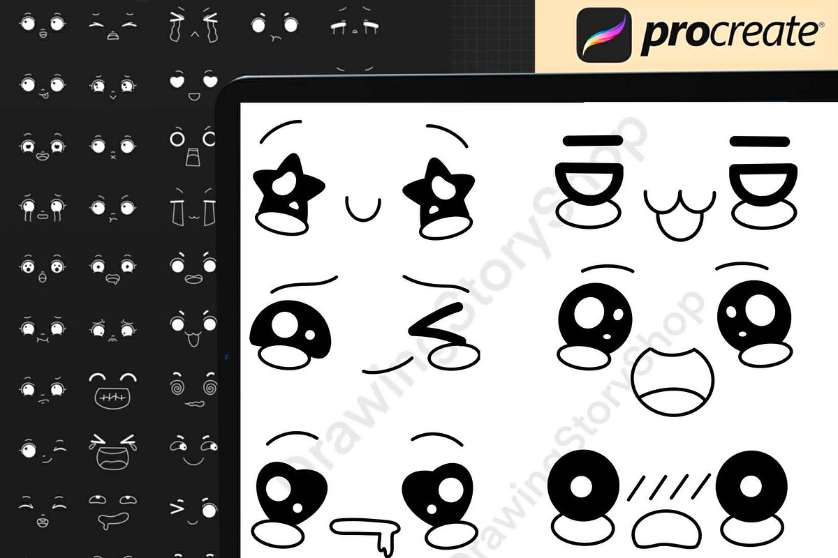 200 Procreate Kawaii Faces Stamps, a Brush Add-On by DrawingStoryShop