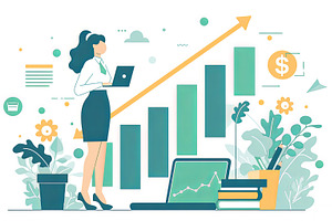 Businesswoman analyzing data with an illustration of a rising chart and plants, a Photo by AS photostudio