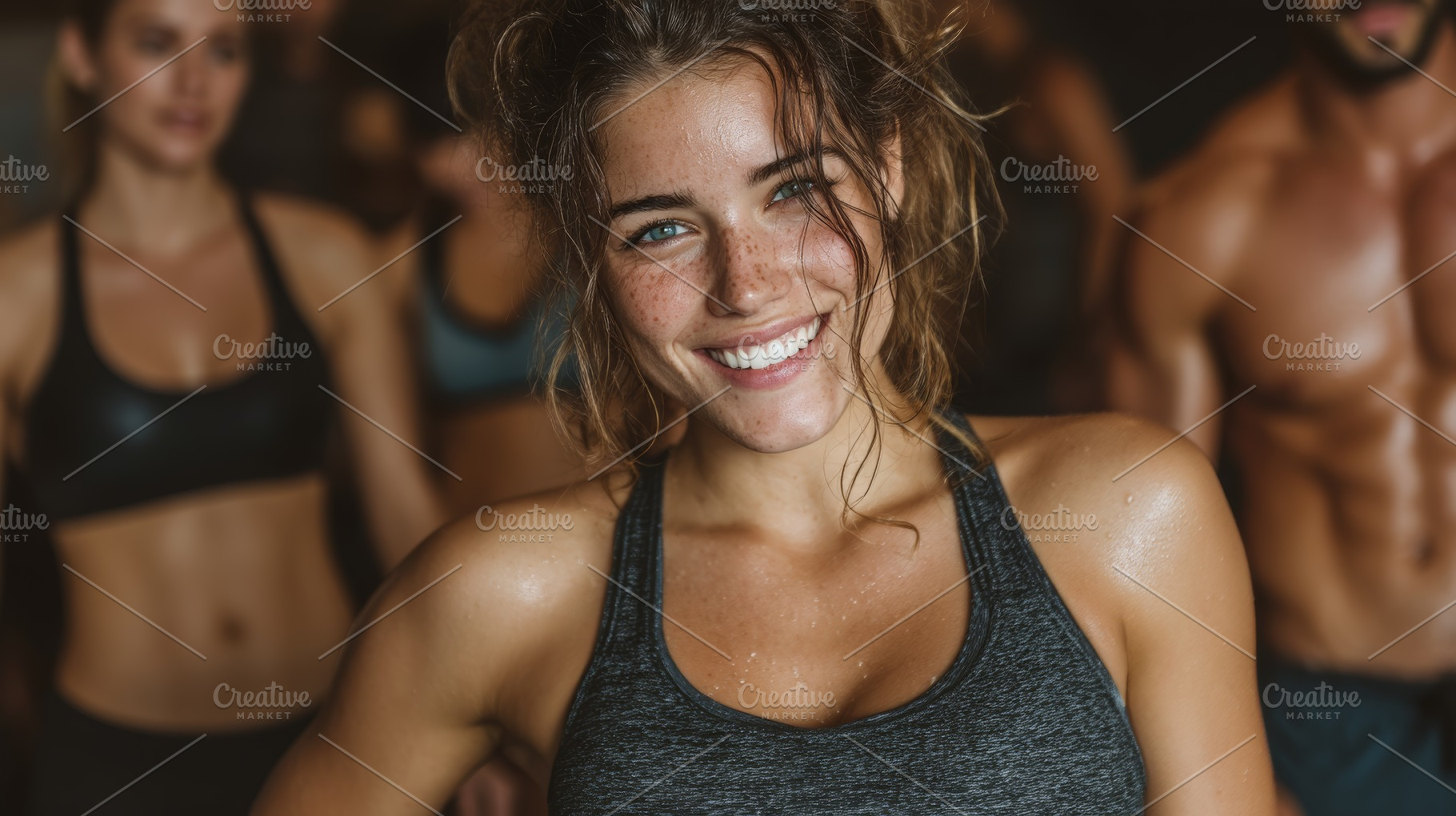 Smiling fitness model leads a group workout in a sunlit gym studio with friends, a Photo by AS photostudio