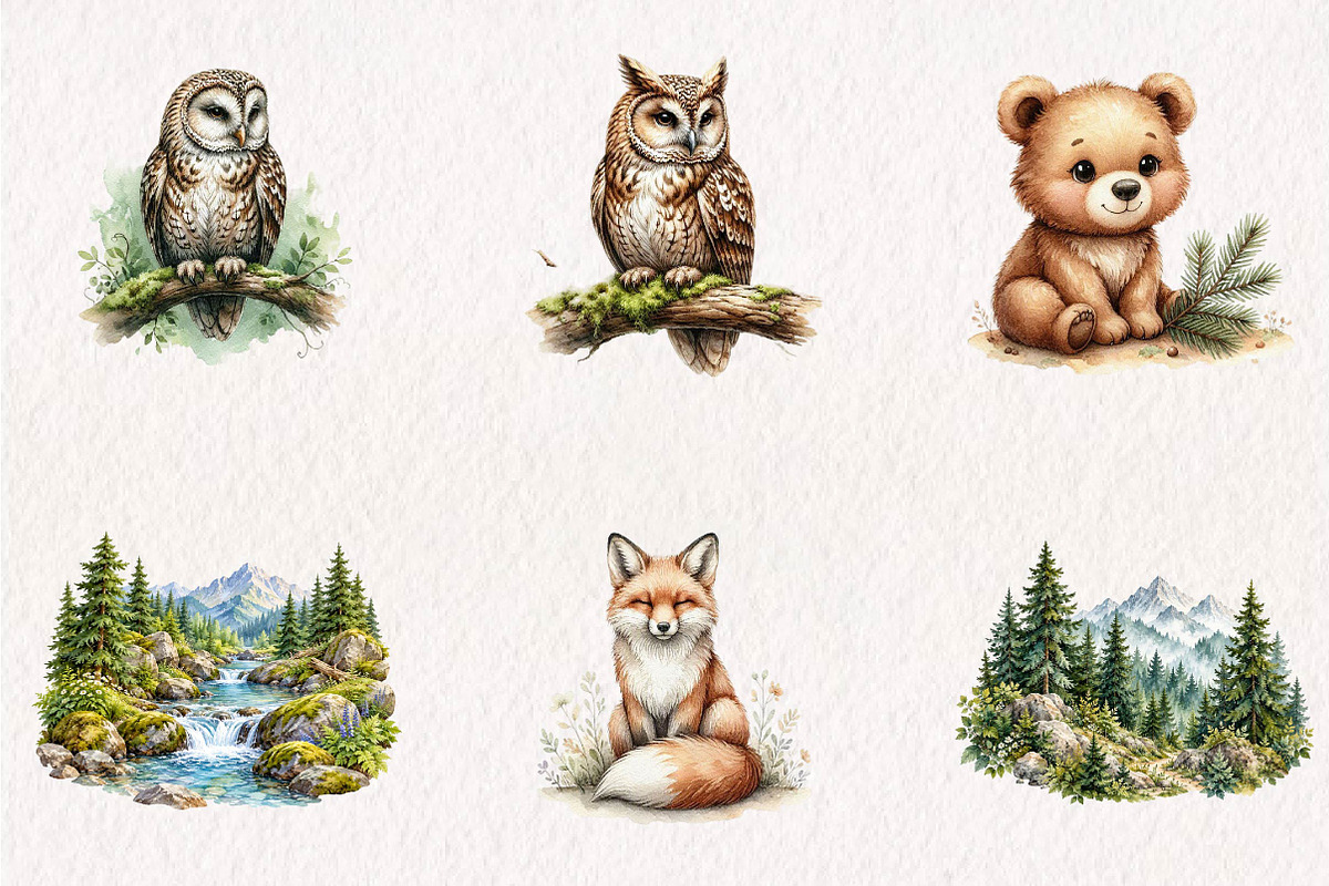 Watercolor Woodland Animals Clipart, a Seasonal Illustration by CreationArt (Photo 3 of 7)