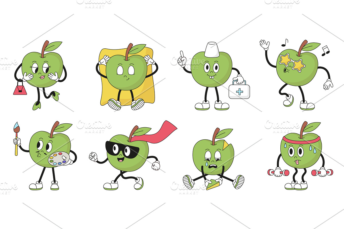 Groovy apple character. Funny, a Food Illustration by Valerie Bodnar