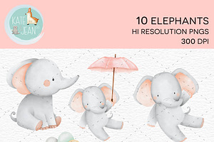 Pink Baby Elephant Clipart Set